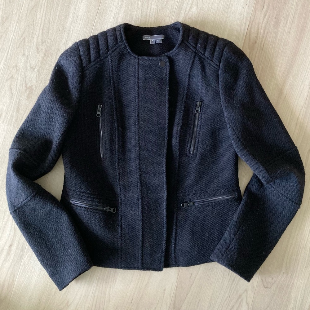 Vince Knit Wool Blend Asymmetrical Zip Up Moto Jacket Black 4 $349